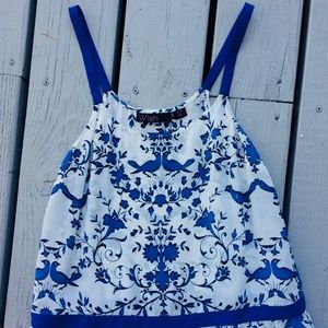 Blue and White Bluebird Silk Camisole Tank